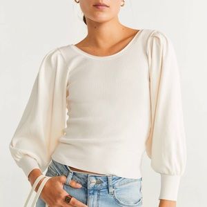 MANGO Cream Ribbed Puffed Sleeve Sweater
